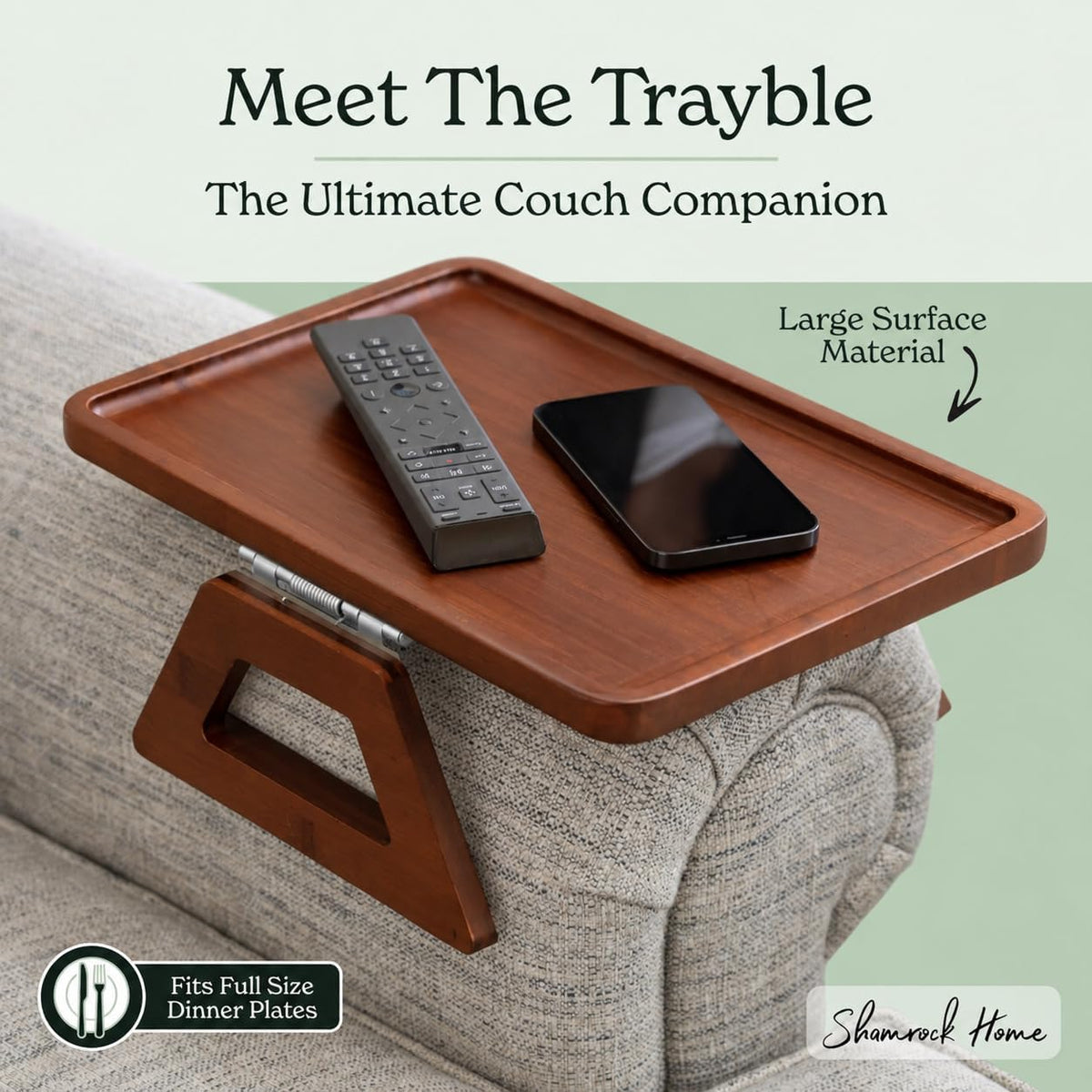 Bamboo Trayble Couch Arm Table, Clip on Tray Sofa Table for Couches. Sofa Arm Tray, Armchair Table for TV Dinners, Remotes, Drinks and Snacks - 13.75 X 9.5Inch, Brown