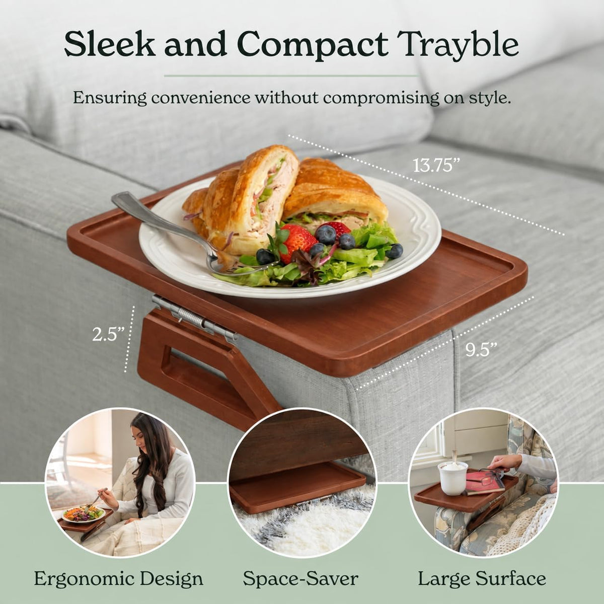 Bamboo Trayble Couch Arm Table, Clip on Tray Sofa Table for Couches. Sofa Arm Tray, Armchair Table for TV Dinners, Remotes, Drinks and Snacks - 13.75 X 9.5Inch, Brown