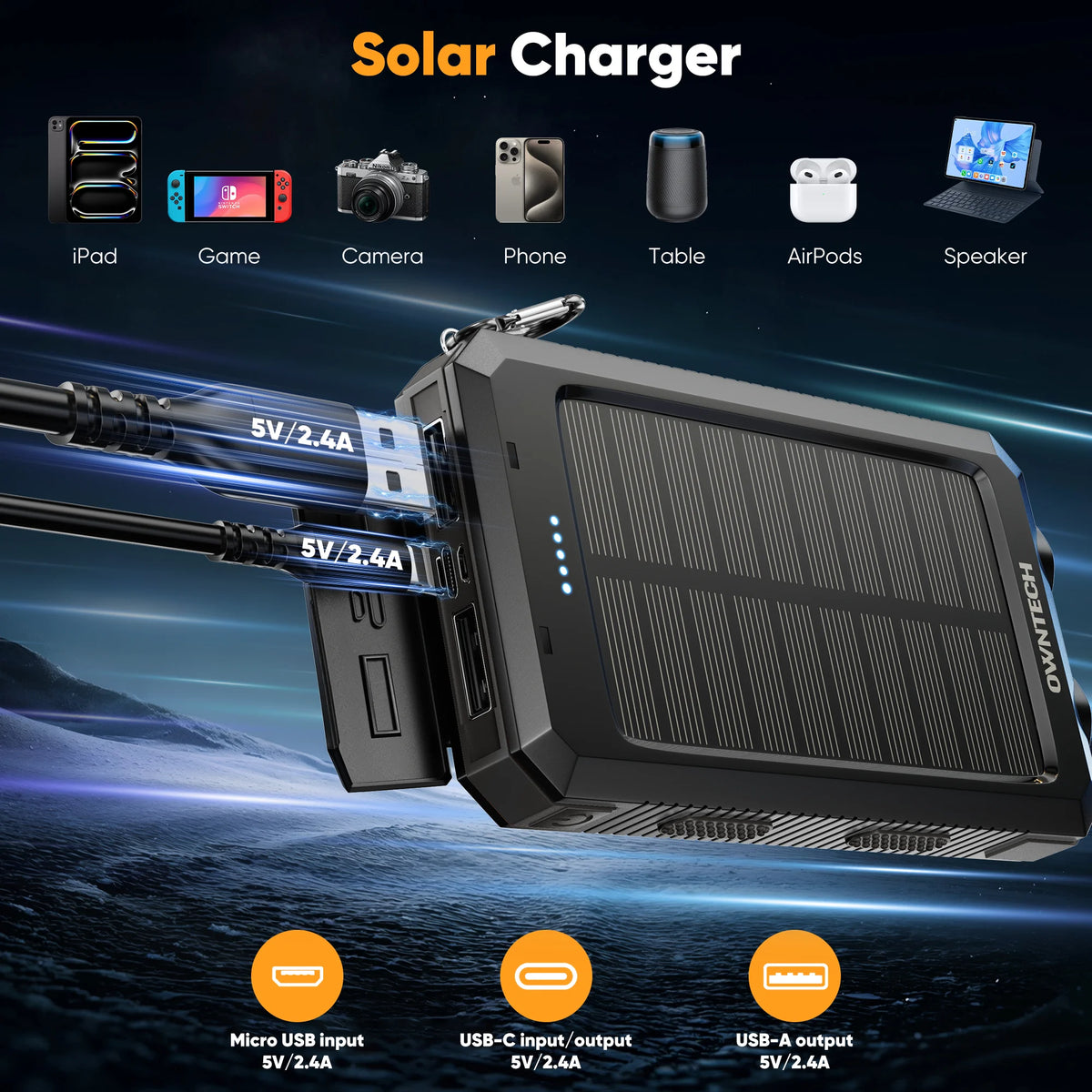 20,000mAh Portable Solar Power Bank for Mobile Devices with Dual 5V USB Ports and Dual LED Flashlights