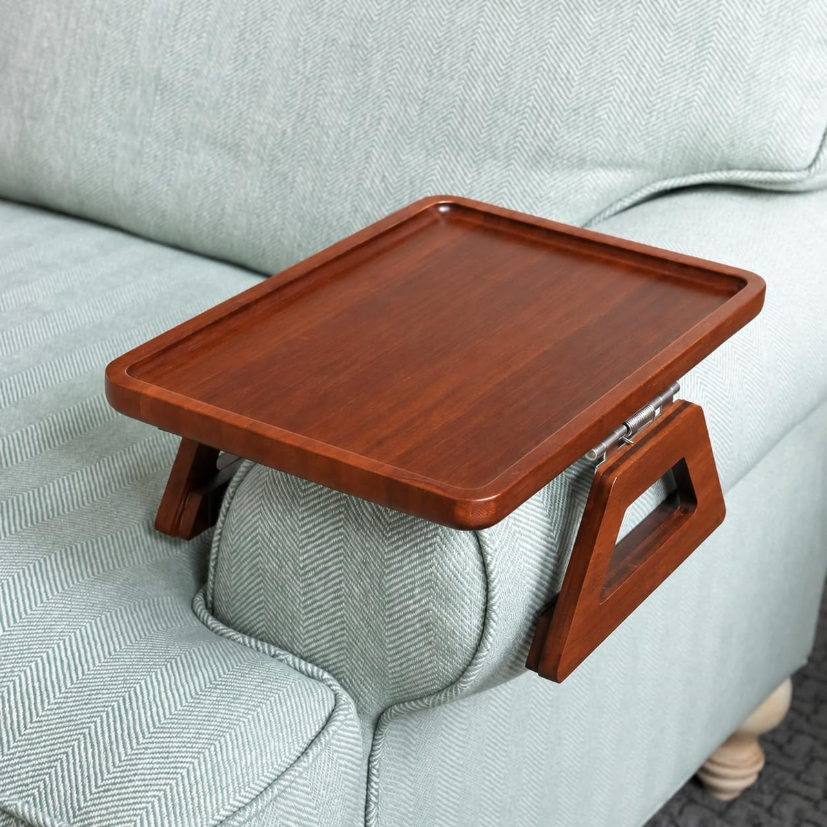 Bamboo Trayble Couch Arm Table, Clip on Tray Sofa Table for Couches. Sofa Arm Tray, Armchair Table for TV Dinners, Remotes, Drinks and Snacks - 13.75 X 9.5Inch, Brown