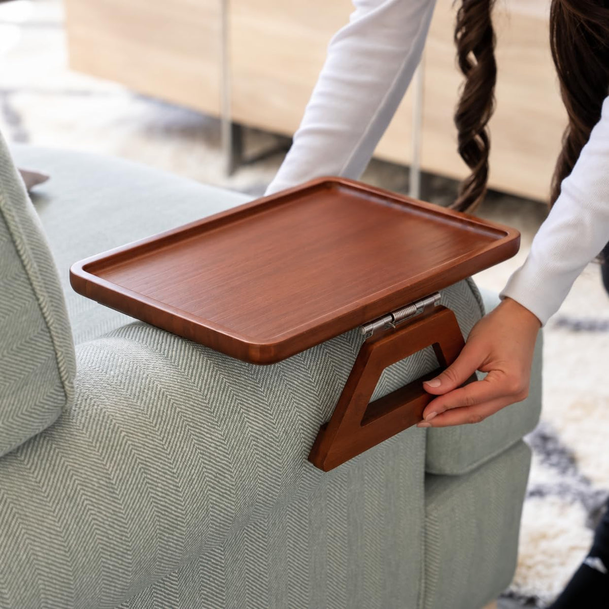 Bamboo Trayble Couch Arm Table, Clip on Tray Sofa Table for Couches. Sofa Arm Tray, Armchair Table for TV Dinners, Remotes, Drinks and Snacks - 13.75 X 9.5Inch, Brown