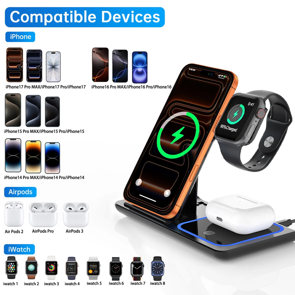 18W Fast Wireless Charger, Iphone Charging Station Compatible for Iphone 17/16/15/14/13/12/11/Pro Max/Plus, 3 in 1 Wireless Charger Stand for Iwatch SE 11/10/9/8/7/6/5/4, Airpods Pro 2/3/4