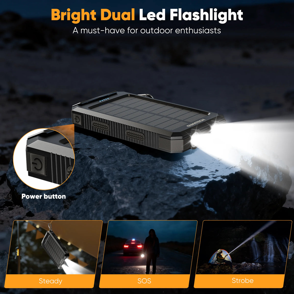 20,000mAh Portable Solar Power Bank for Mobile Devices with Dual 5V USB Ports and Dual LED Flashlights