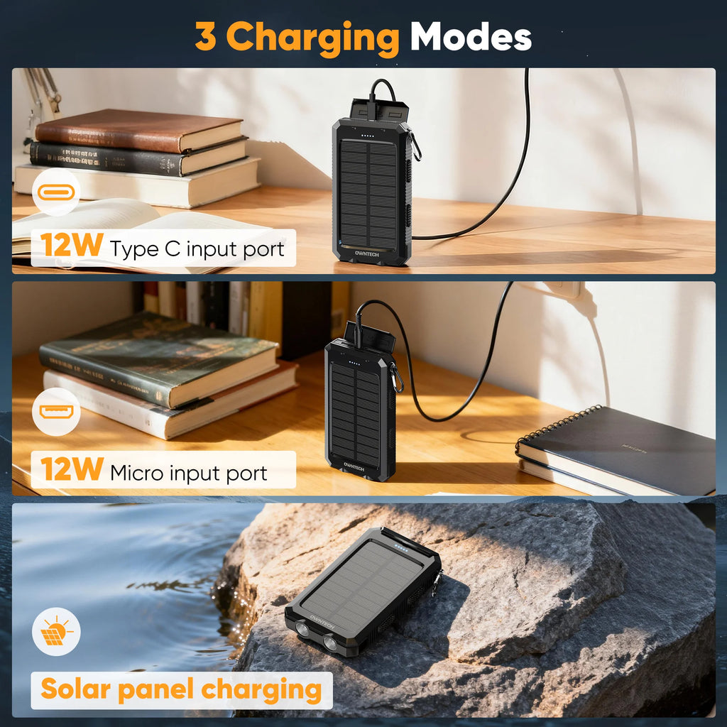 20,000mAh Portable Solar Power Bank for Mobile Devices with Dual 5V USB Ports and Dual LED Flashlights