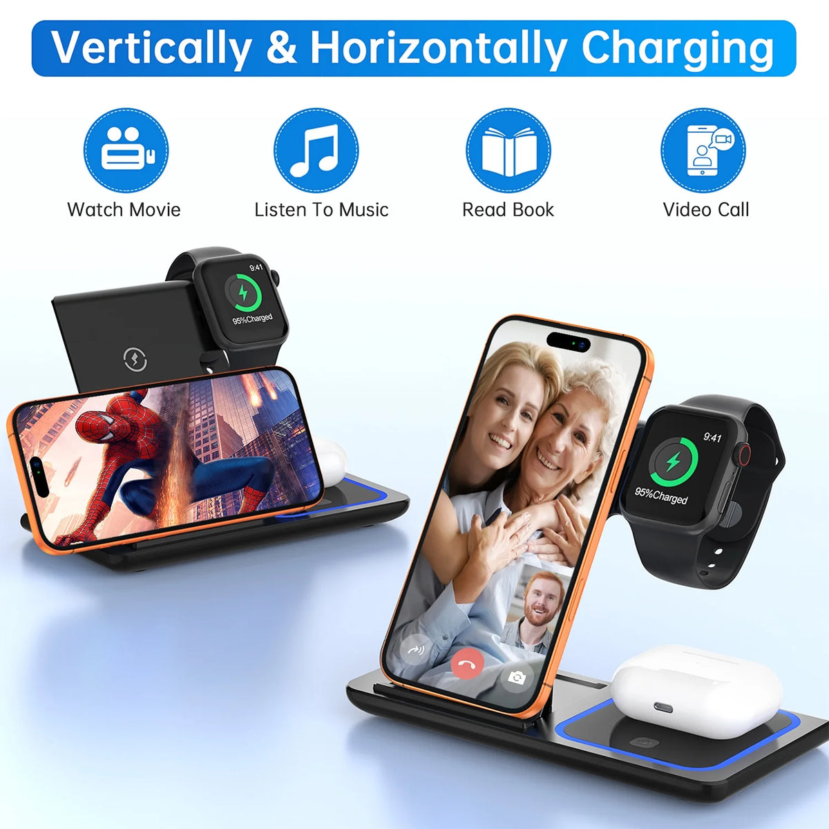 18W Fast Wireless Charger, Iphone Charging Station Compatible for Iphone 17/16/15/14/13/12/11/Pro Max/Plus, 3 in 1 Wireless Charger Stand for Iwatch SE 11/10/9/8/7/6/5/4, Airpods Pro 2/3/4