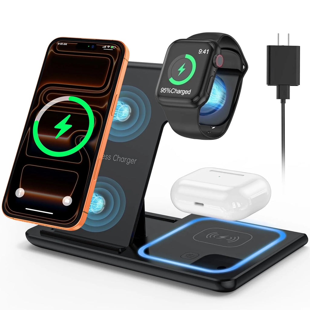 18W Fast Wireless Charger, Iphone Charging Station Compatible for Iphone 17/16/15/14/13/12/11/Pro Max/Plus, 3 in 1 Wireless Charger Stand for Iwatch SE 11/10/9/8/7/6/5/4, Airpods Pro 2/3/4