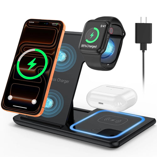 18W Fast Wireless Charger, Iphone Charging Station Compatible for Iphone 17/16/15/14/13/12/11/Pro Max/Plus, 3 in 1 Wireless Charger Stand for Iwatch SE 11/10/9/8/7/6/5/4, Airpods Pro 2/3/4