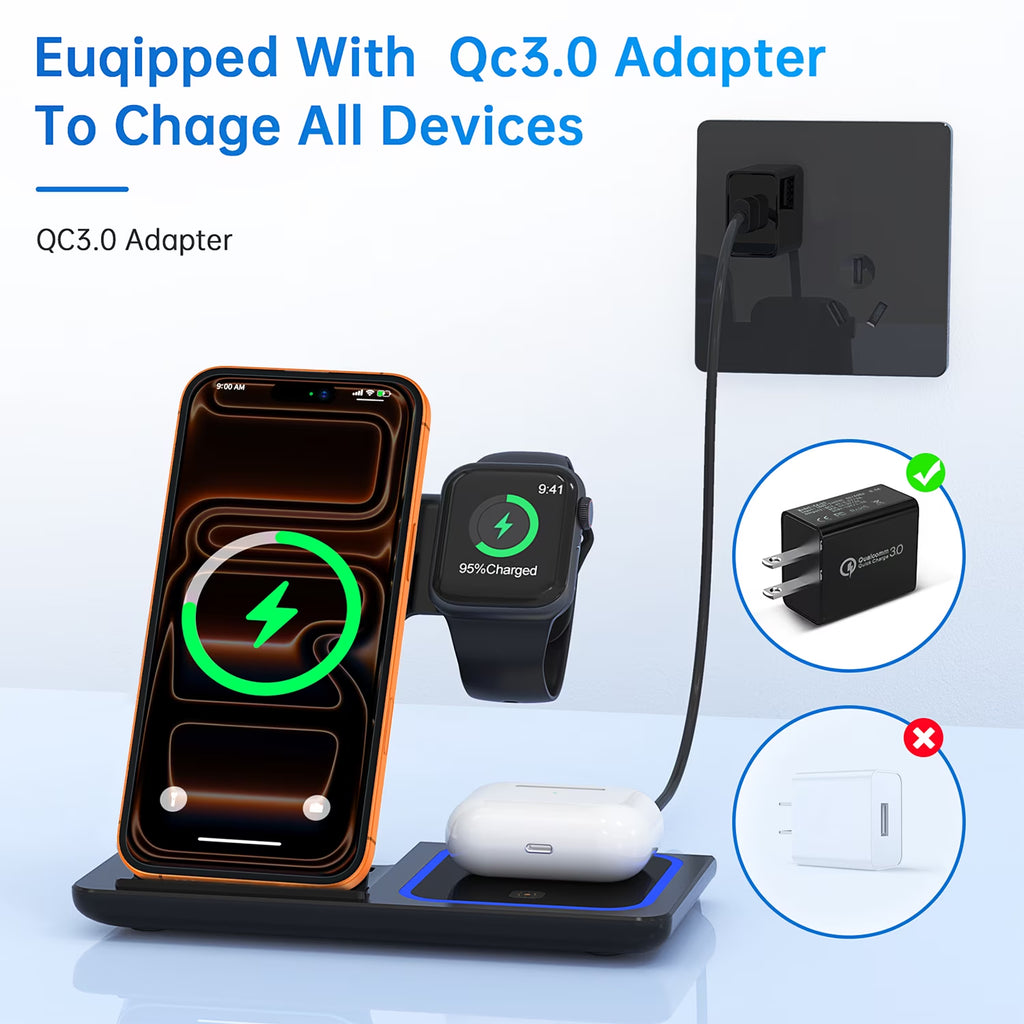 18W Fast Wireless Charger, Iphone Charging Station Compatible for Iphone 17/16/15/14/13/12/11/Pro Max/Plus, 3 in 1 Wireless Charger Stand for Iwatch SE 11/10/9/8/7/6/5/4, Airpods Pro 2/3/4