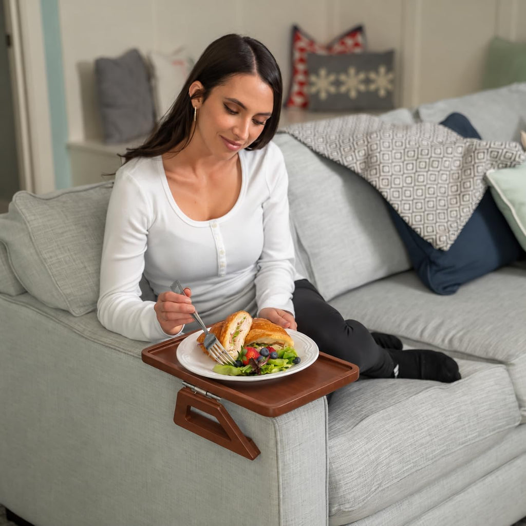 Bamboo Trayble Couch Arm Table, Clip on Tray Sofa Table for Couches. Sofa Arm Tray, Armchair Table for TV Dinners, Remotes, Drinks and Snacks - 13.75 X 9.5Inch, Brown